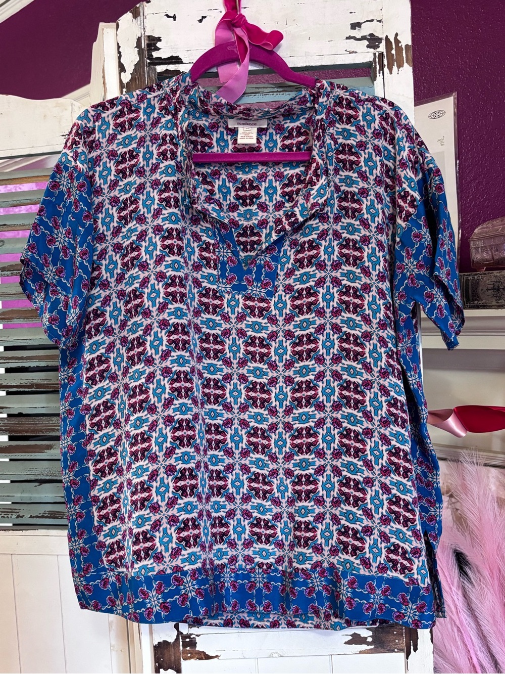 Sundance Silk Boho Tunic Short Sleeve Blouse